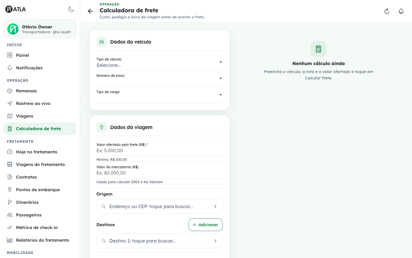 Calculadora de frete rodoviário com formulário de parâmetros da operação.