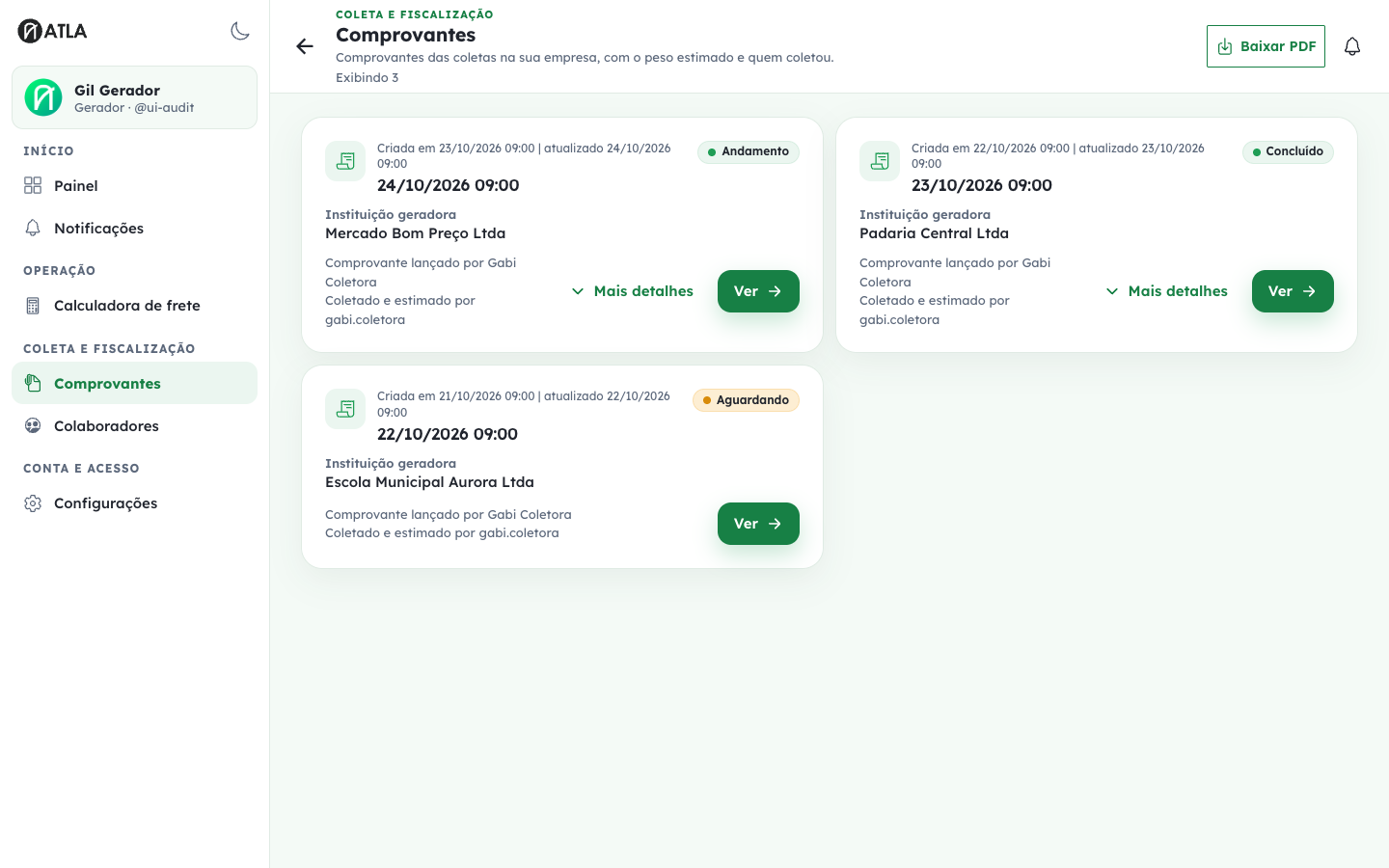 Lista de comprovantes de coleta disponível para o perfil Gerador.