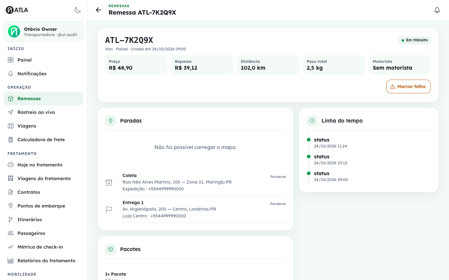 Detalhe da remessa com resumo, ações operacionais e paradas.