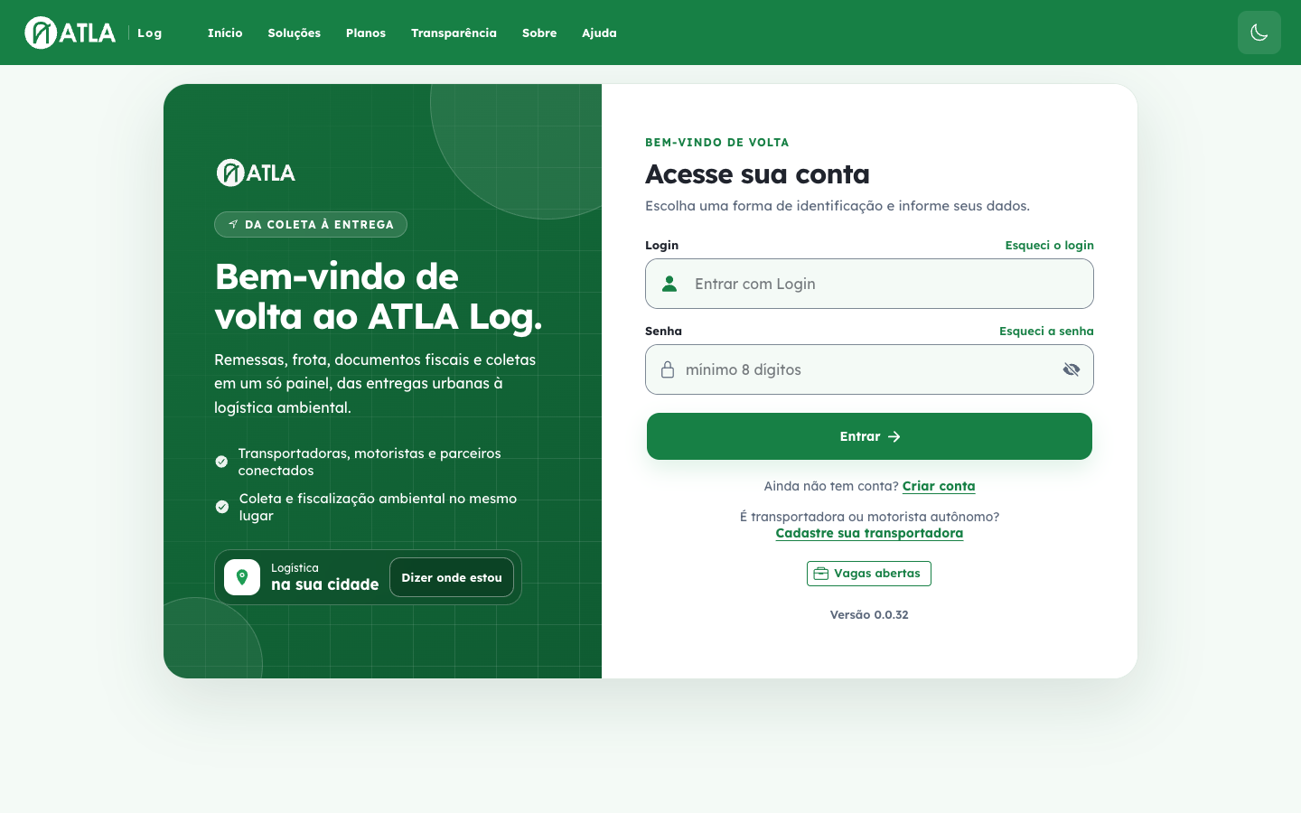 Tela de login do ATLA Log com identificação, senha e recuperação de acesso.