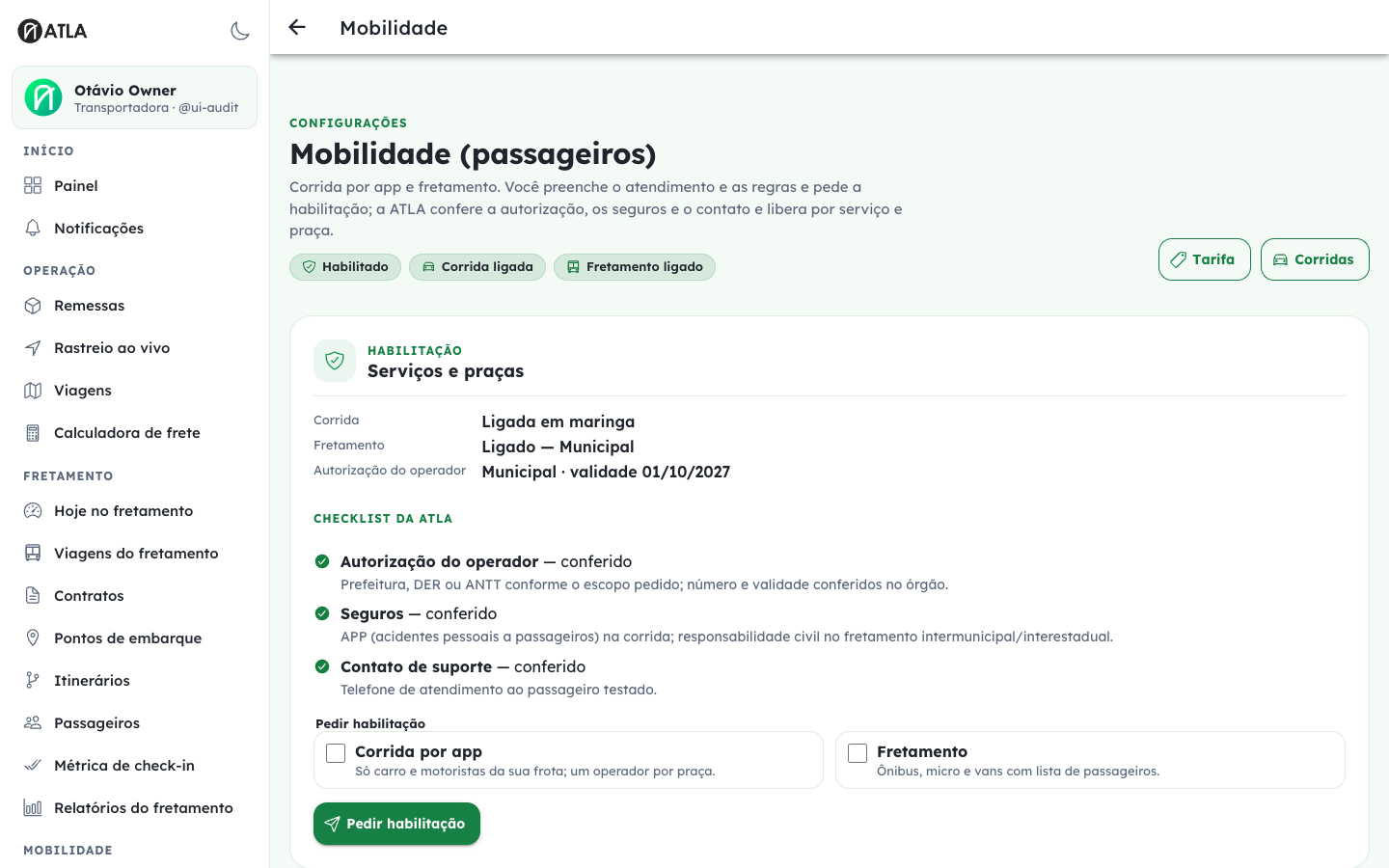 Configuração de mobilidade com habilitação, serviços, documentos e atendimento.