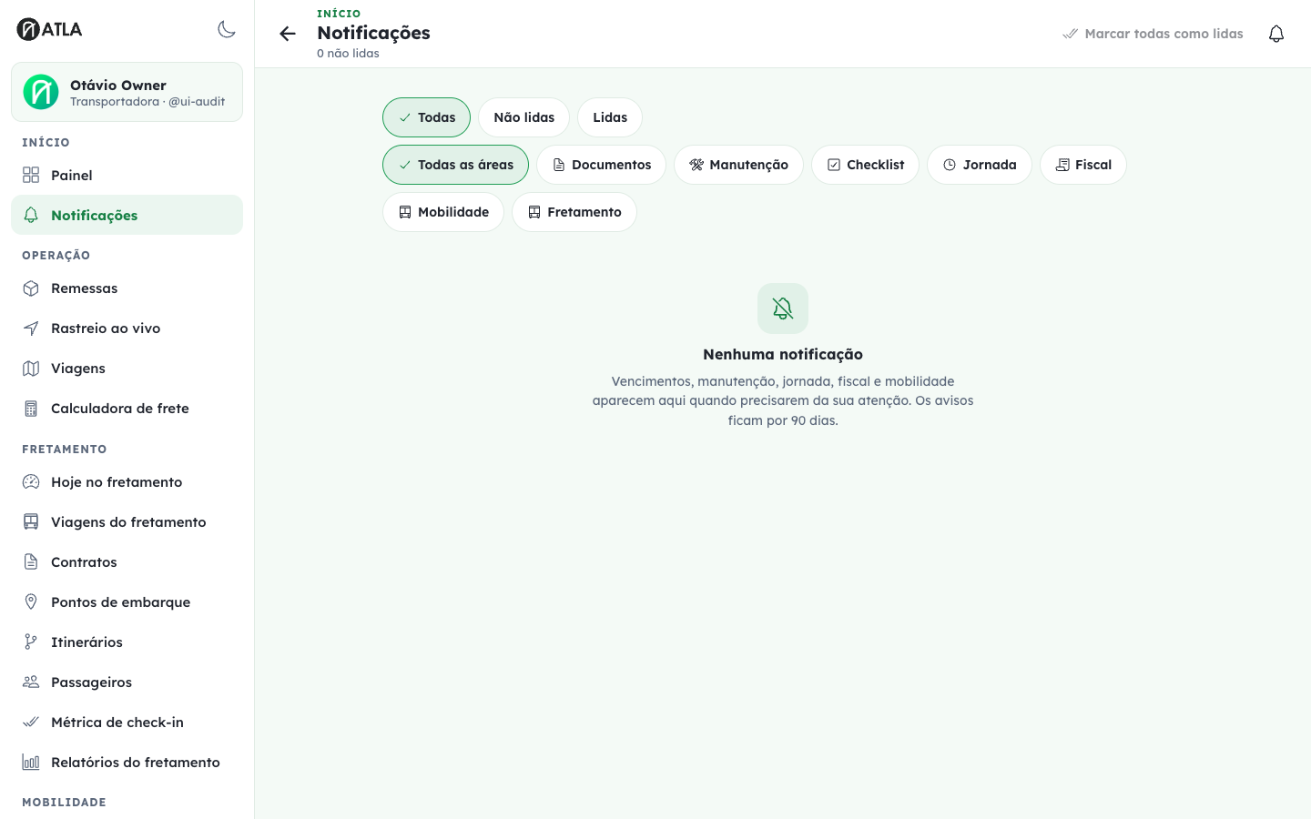 Caixa de notificações do perfil ativo no ATLA Log.