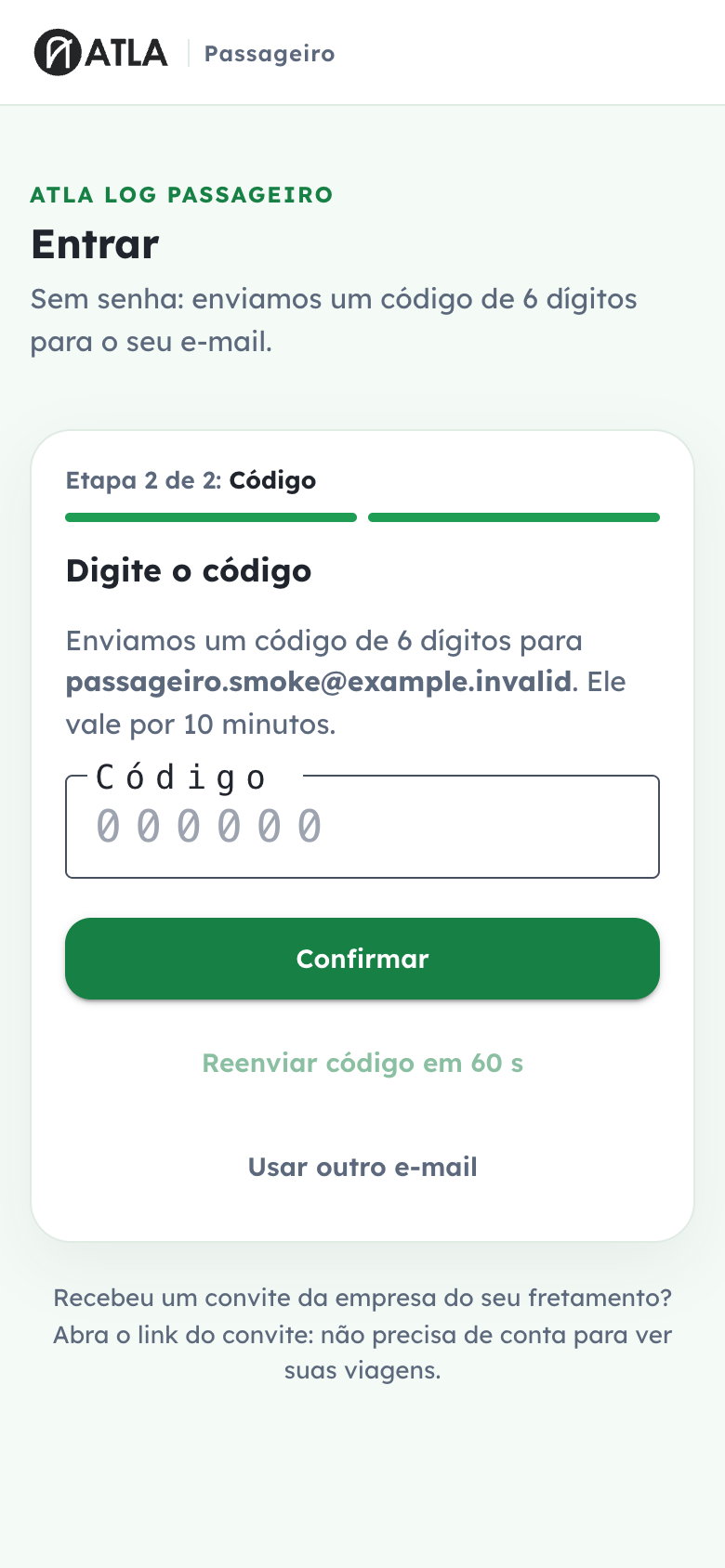Tela do passageiro para digitar o código de seis dígitos.